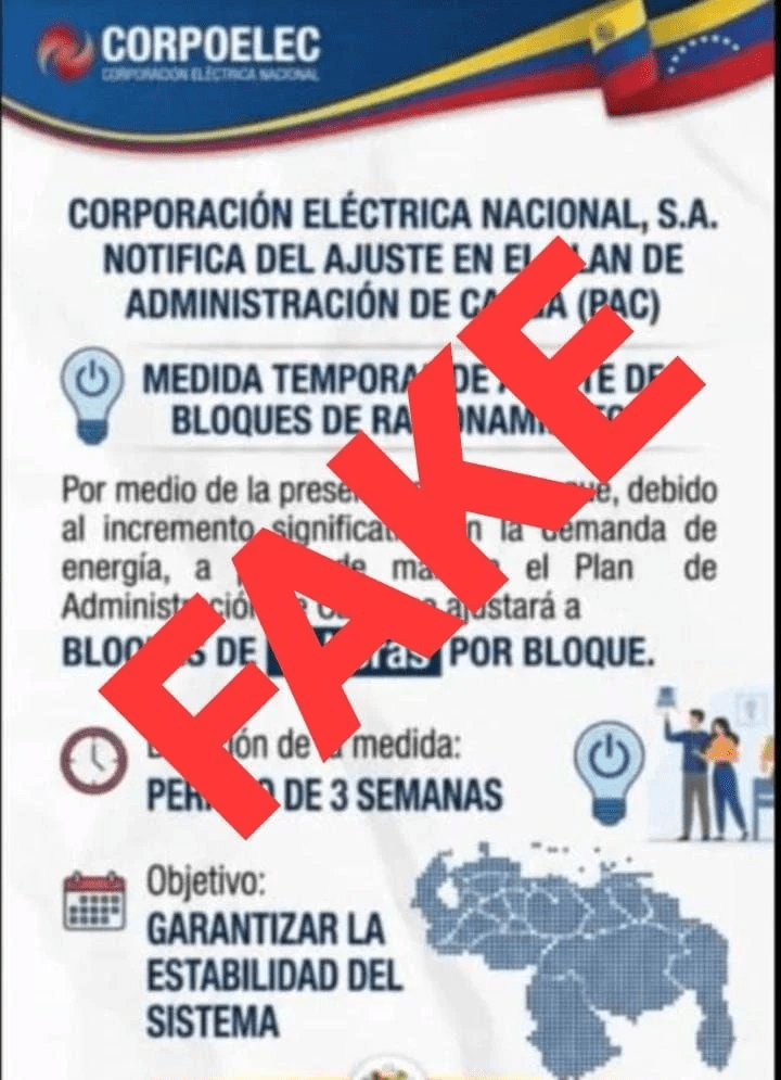 Información sobre ajuste de racionamiento eléctrico a bloques de 5 horas es falsa