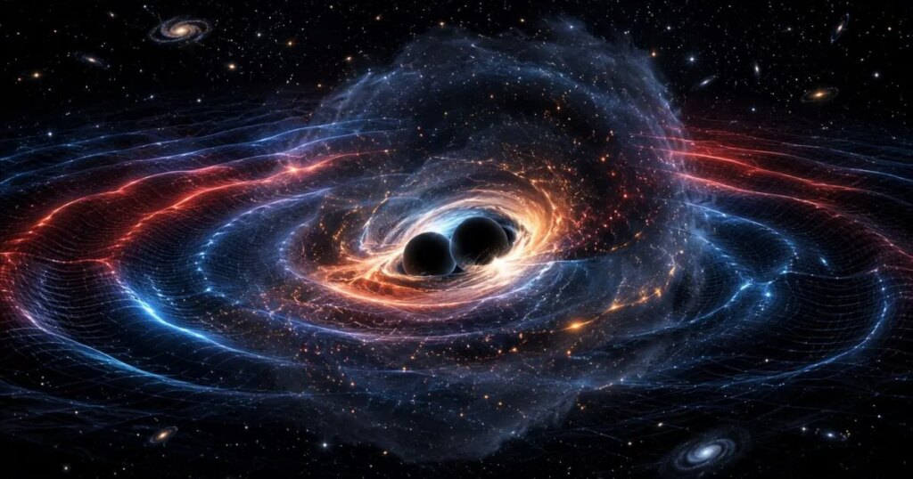 Los físicos encuentran una posible huella de materia oscura escondida en una extraña ondulación del espacio-tiempo creada por agujeros negros