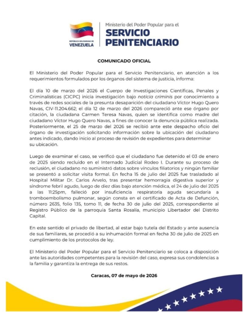 Ministerio para el Servicio Penitenciario confirma deceso de Víctor Hugo Quero Navas