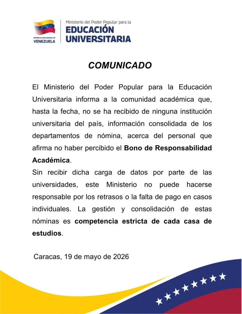 Mppeu: Falta de actualización de nóminas impide liberación del Bono de Responsabilidad Académica