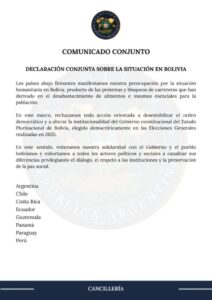 Ocho países latinoamericanos rechazan «acciones desestabilizadoras» en Bolivia