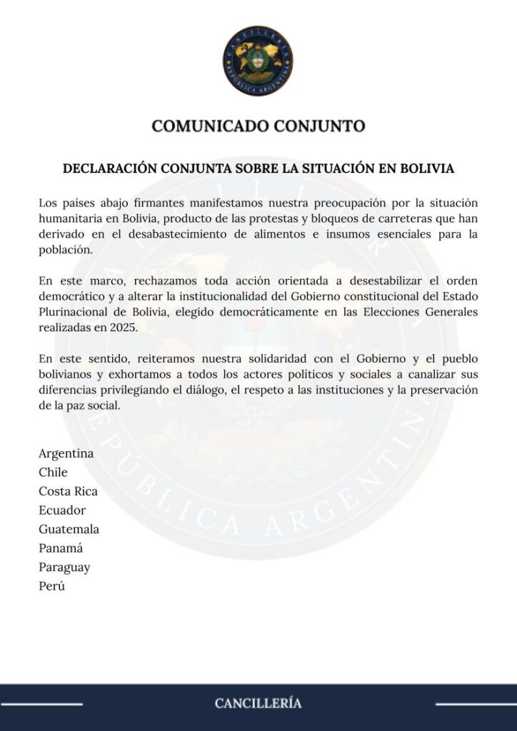 Ocho países latinoamericanos rechazan «acciones desestabilizadoras» en Bolivia