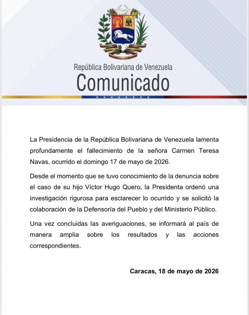 Administración de Delcy Rodríguez lamenta muerte de la madre del preso político Víctor Hugo Quero