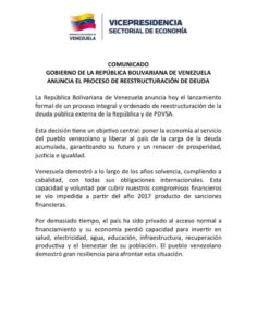 Venezuela anuncia proceso de reestructuración de la deuda externa del país y de Pdvsa