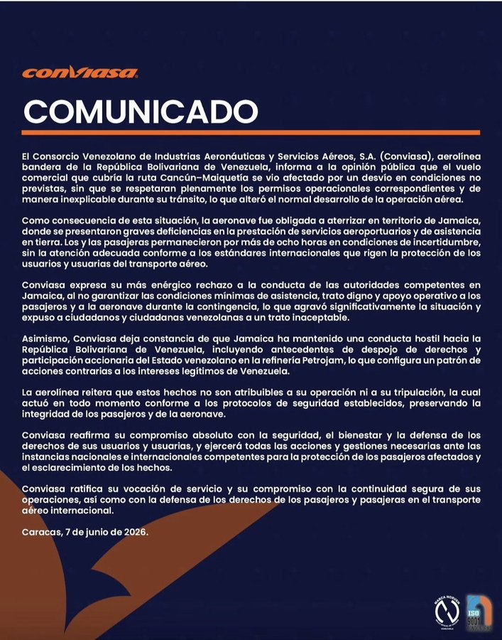 Conviasa denuncia desvío forzado de vuelo Cancún-Maiquetía y bloqueo operativo en Jamaica