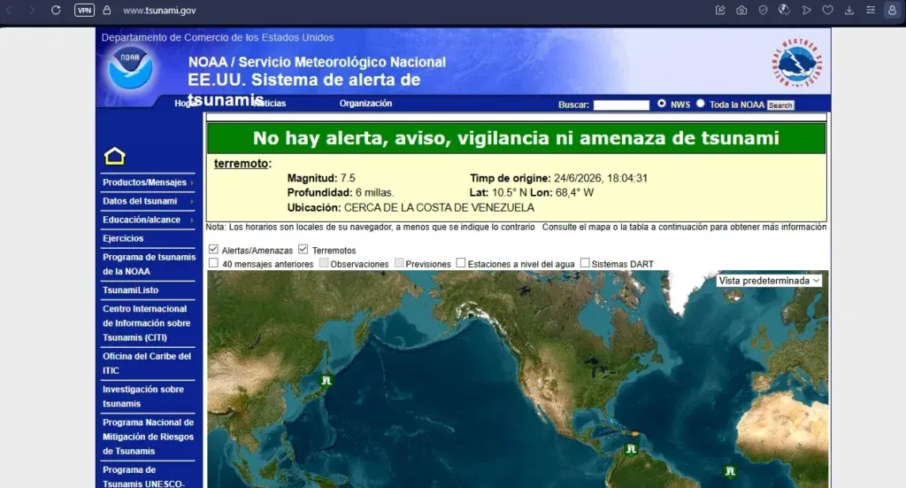 Sistema de alerta de EE. UU. descarta amenaza de tsunami para Venezuela tras sismo de magnitud 7.5