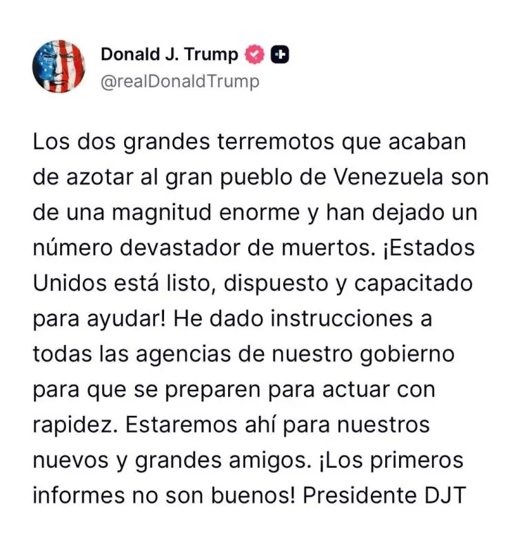 Trump anuncia ayuda por los terremotos en Venezuela y líderes de Latinoamérica se solidarizan