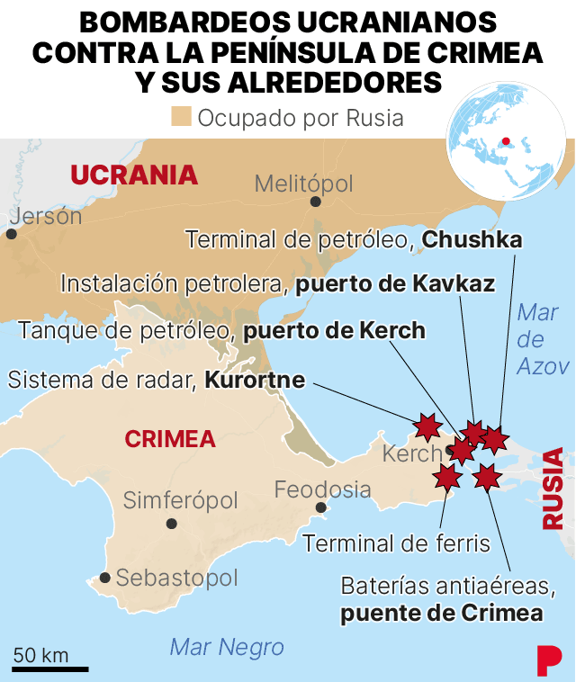 Mapa que muestra la ubicación de los bombardeos recientes de Ucrania sobre intereses rusos en la península de Crimea