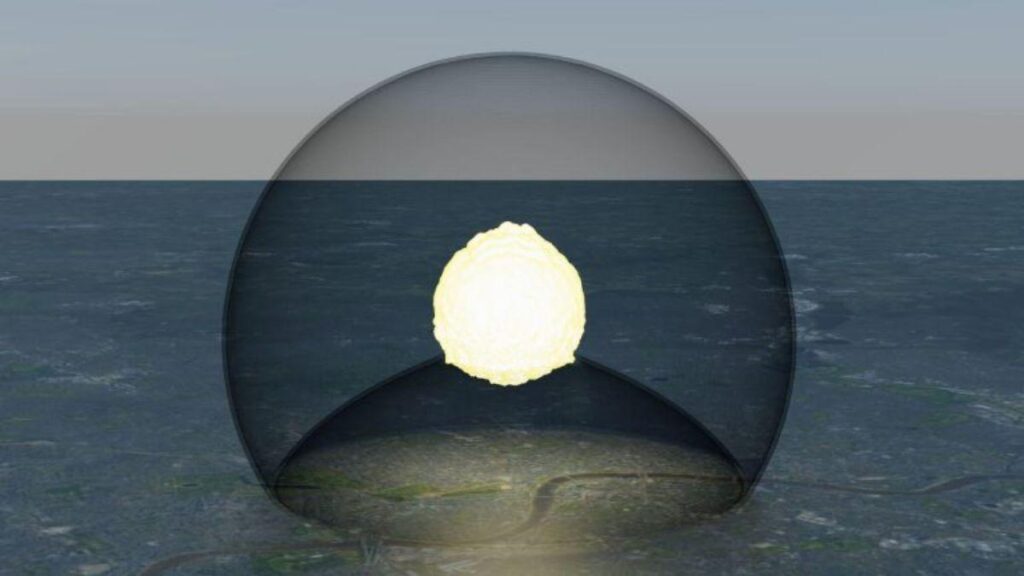 Ilustración 3D de la explosión de aire simulada y la onda expansiva generada 10 segundos después de la detonación de una ojiva nuclear de 750 kT, sobre una ciudad metropolitana típica: el radio de la burbuja de choque a nivel del suelo es de 4,6 km.