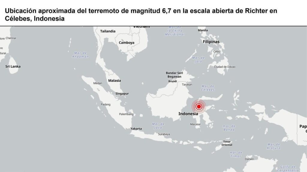 Ubicación aproximada del terremoto de magnitud 6,7 en la escala abierta de Richter en Célebes, Indonesia.
