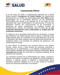 Venezuela activa vigilancia sanitaria por alerta de ébola de la OMS