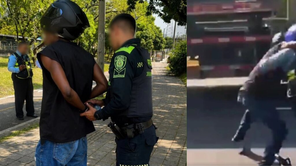 Capturan en Medellín a un motociclista por golpear a un agente de tránsito en control vial: uniformado cayó cerca de un camión