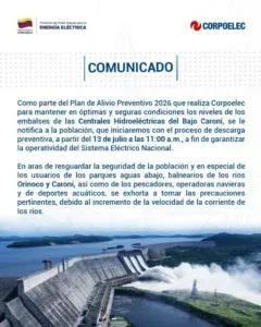 Corpoelec iniciará descarga preventiva en centrales hidroeléctricas del Bajo Caroní