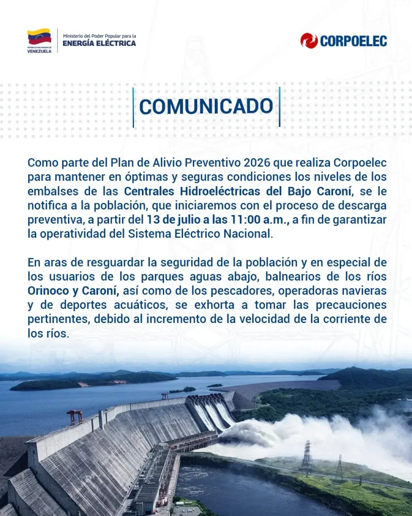Corpoelec iniciará descarga preventiva en centrales hidroeléctricas del Bajo Caroní