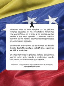 Decretan 7 días de duelo nacional por terremotos en Venezuela