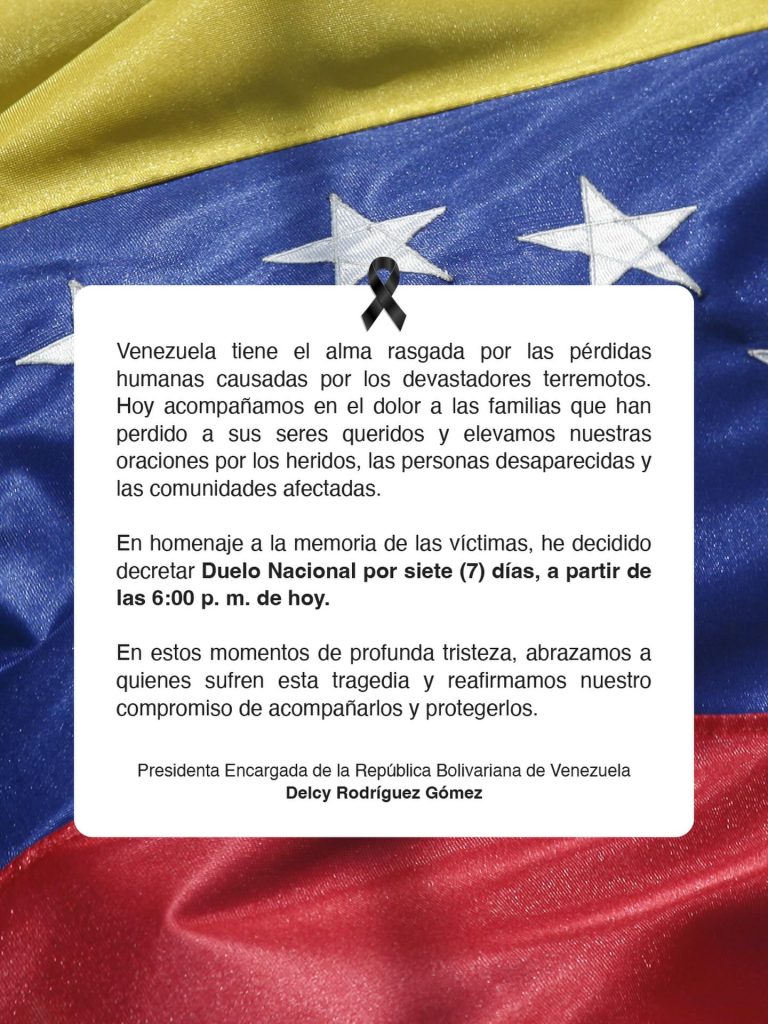 Decretan 7 días de duelo nacional por terremotos en Venezuela
