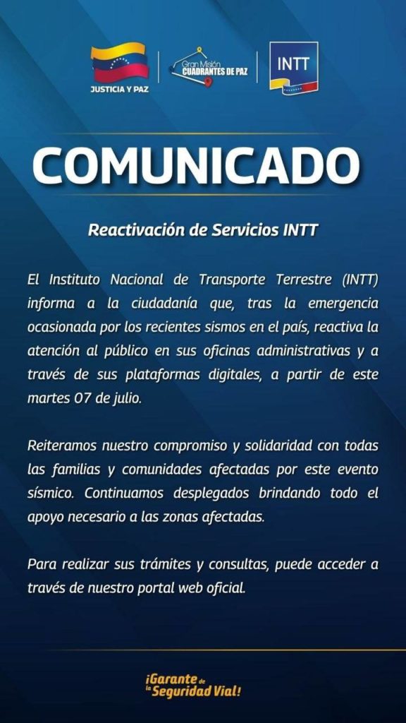 El INTT anuncia la reactivación de todos sus servicios administrativos y digitales a partir de este #7Jul (+Comunicado)