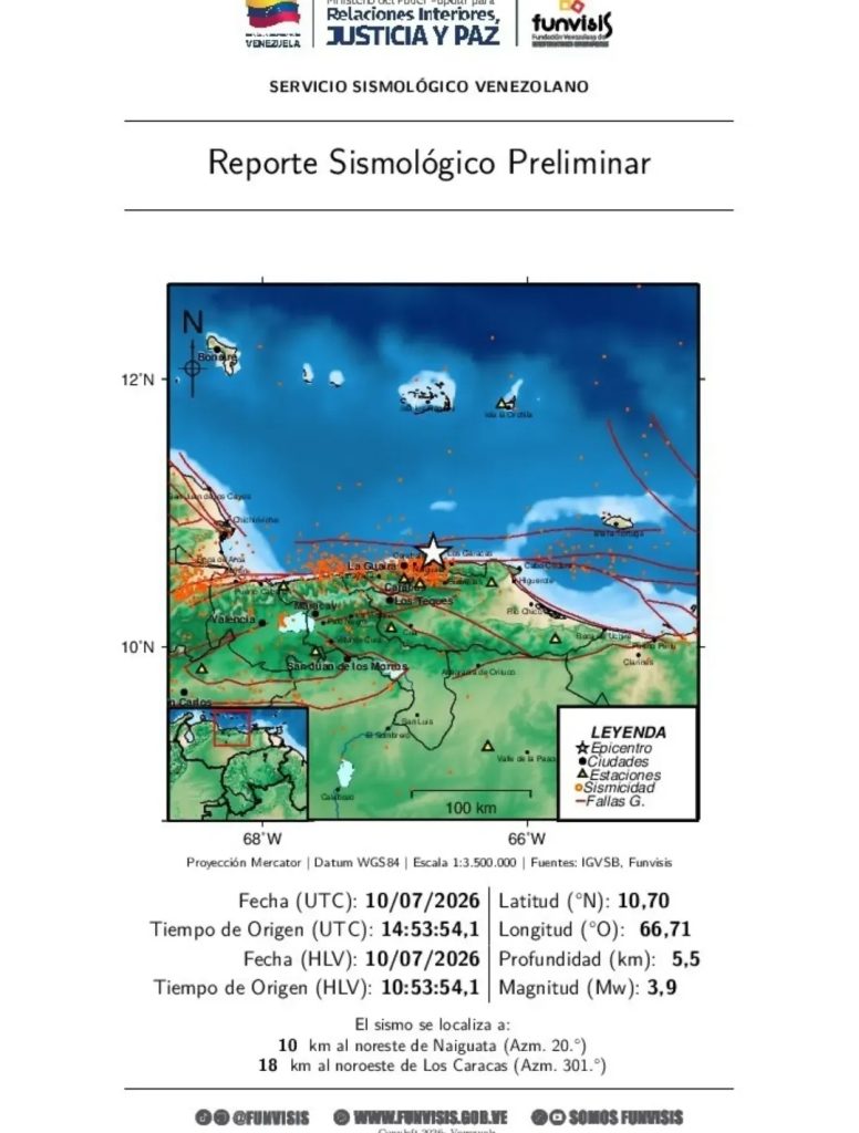 Funvisis reporta sismo de magnitud 3,9 al norte de La Guaira