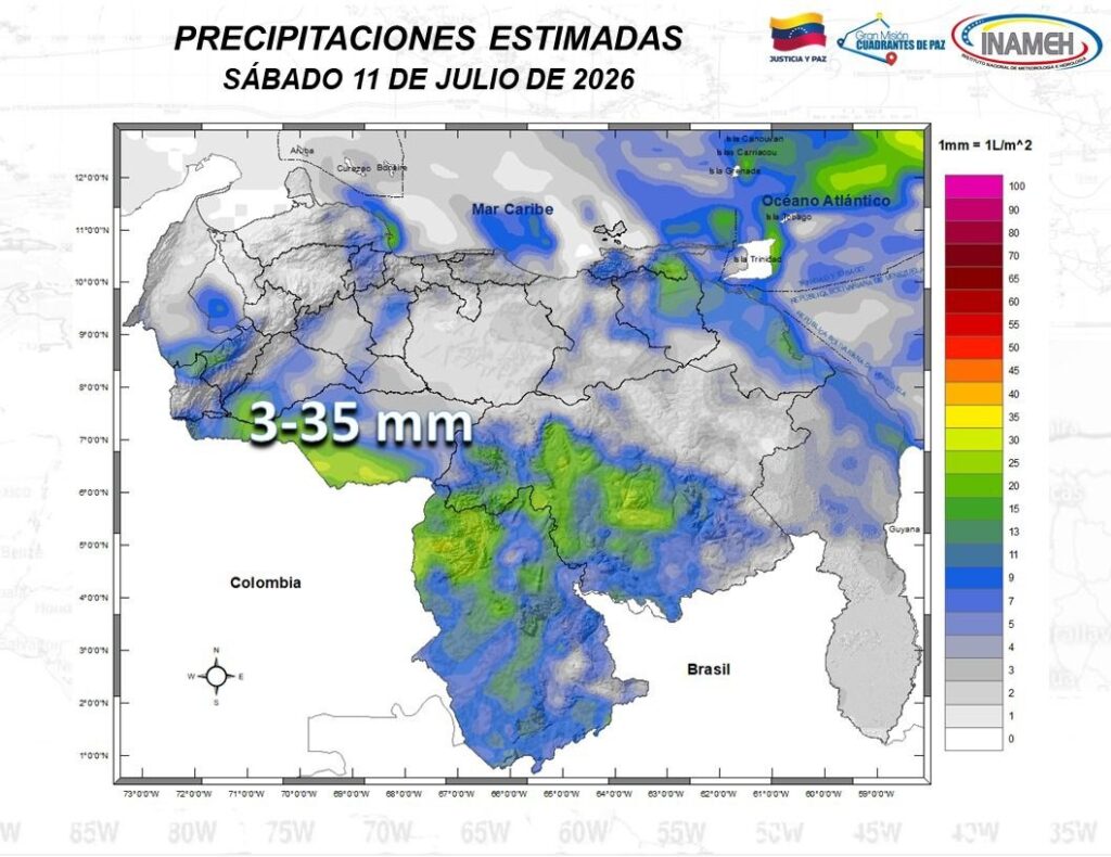 Inameh pronosticó lluvias con descargas eléctricas para varias regiones de Venezuela este #11Jul
