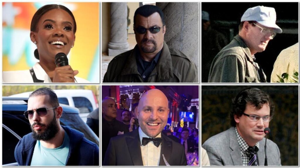 De izquierda a derecha, y de arriba a abajo: Candace Owens, Steven Seagal, Scott Ritter, Andrew Tate, Markus Frohnmaier y Guillermo Rocarfort, blogueros ultraderechistas, conspiracionistas y activisitas de la misoginia que han pasado últimamente por Rusia. .