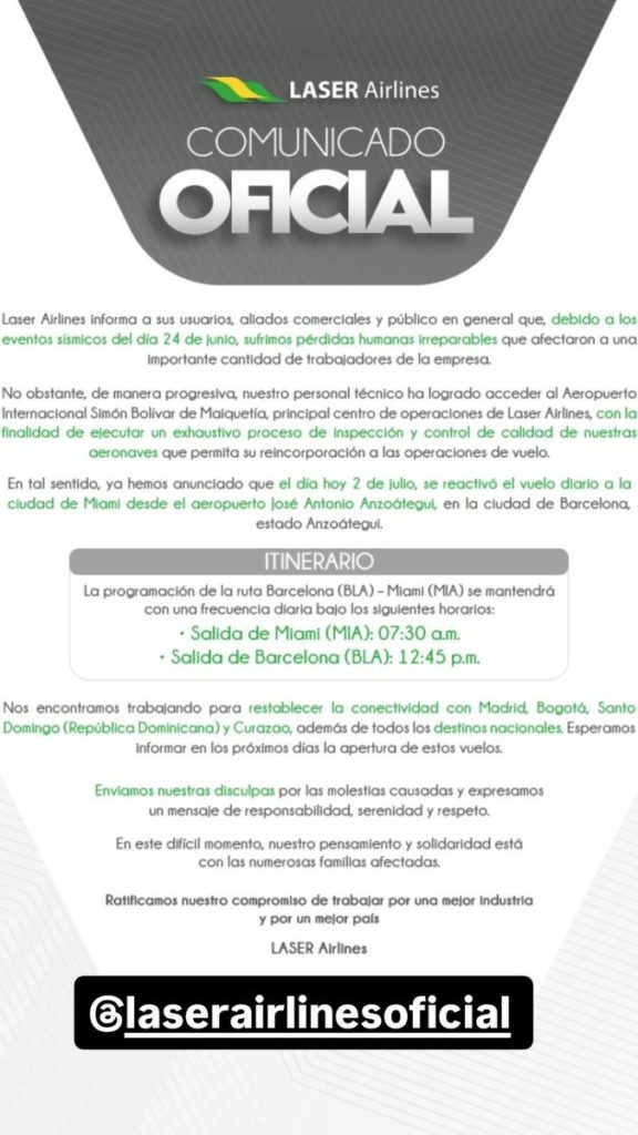 Laser Airlines trabaja para restablecer conectividad aérea con Madrid, Bogotá, Santo Domingo y Curazao tras terremotos