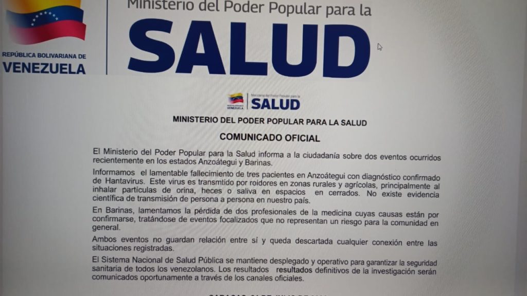 Ministerio de Salud confirma tres casos de hantavirus en Anzoátegui y subraya que dos médicos murieron en Barinas por otra causa