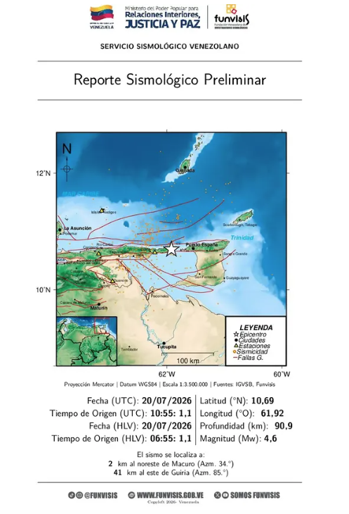Sismo de magnitud 4.6 se registró este lunes al noreste de Macuro