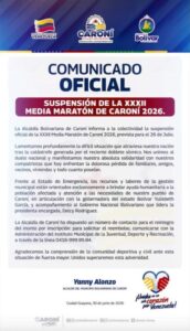 Suspenden la XXXII Media Maratón de Caroní 2026