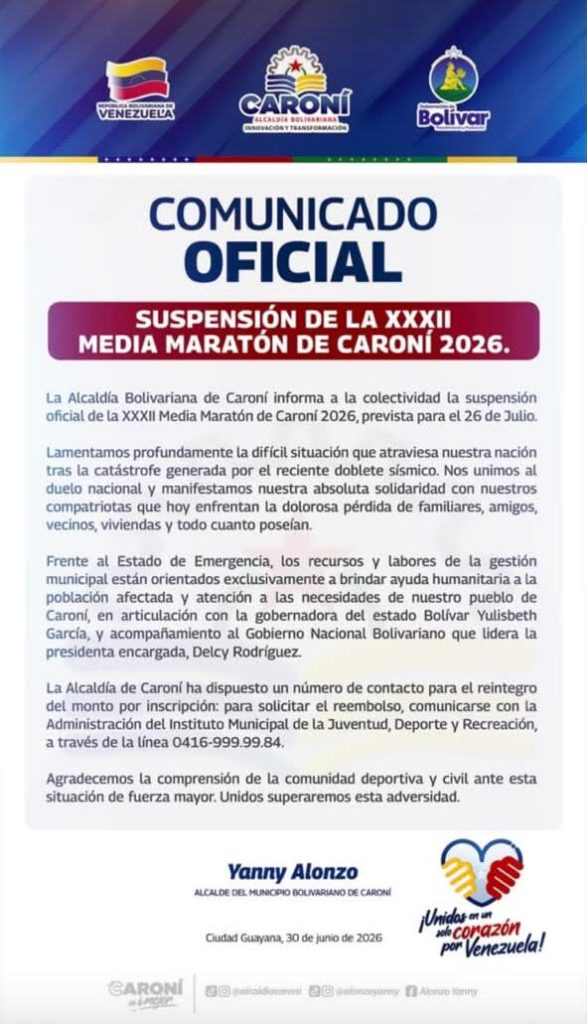 Suspenden la XXXII Media Maratón de Caroní 2026