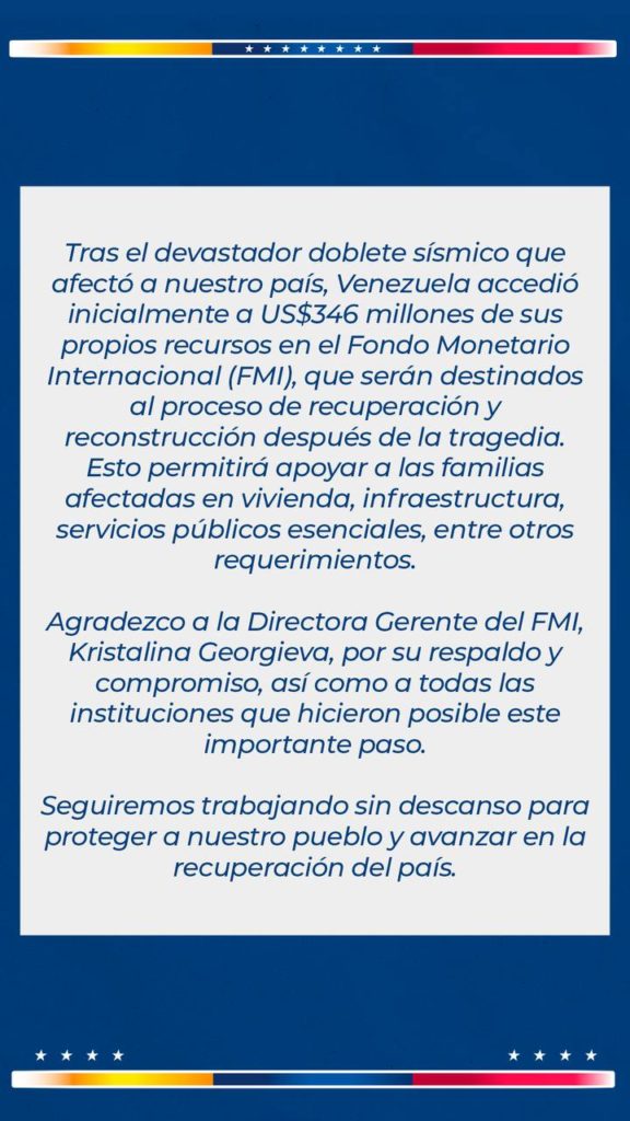 Venezuela accede a $ 346 millones de sus fondos en el FMI para reconstrucción tras terremotos