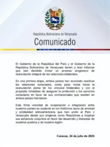 Venezuela y Perú inician restablecimiento progresivo de sus relaciones bilaterales