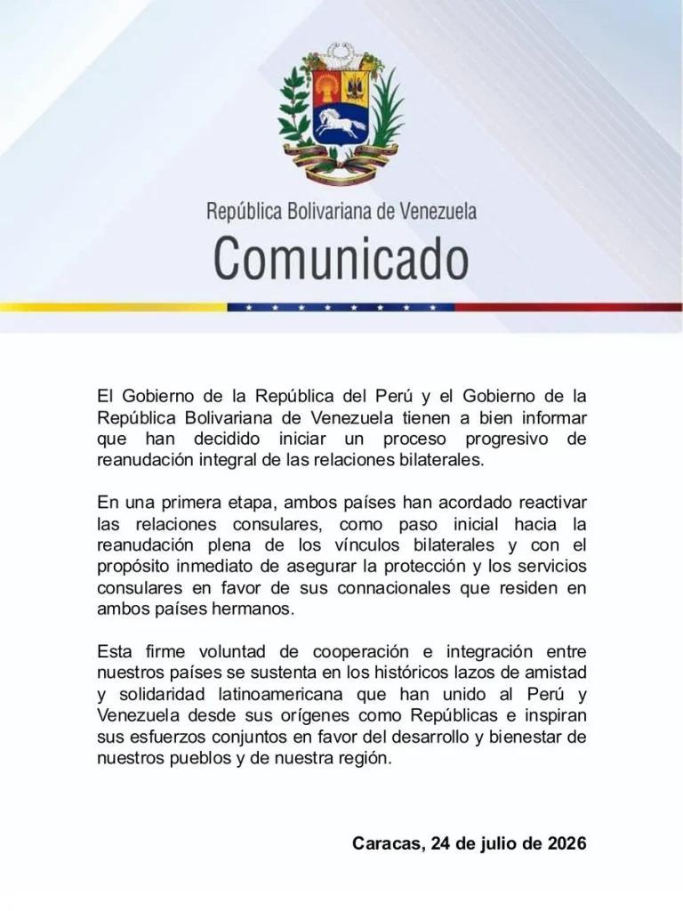 Venezuela y Perú inician restablecimiento progresivo de sus relaciones bilaterales