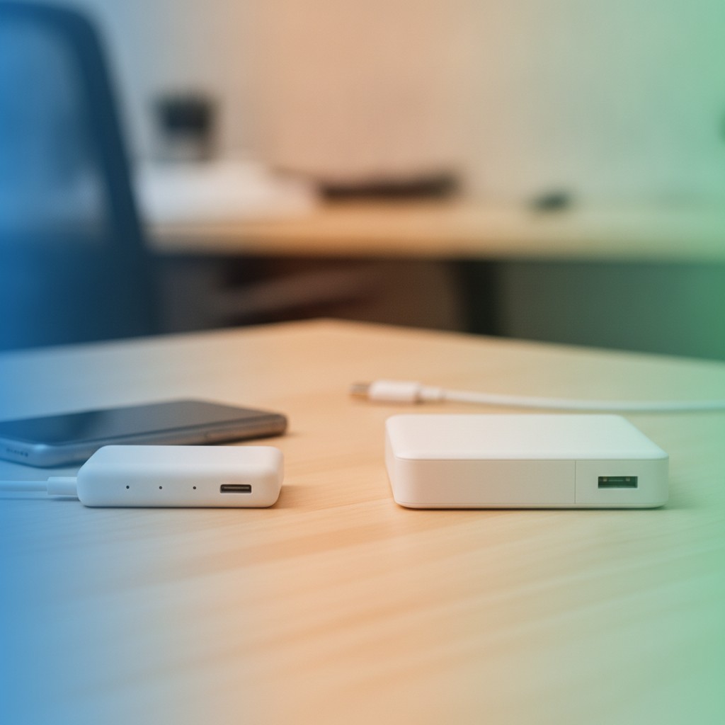 Dos baterias portatiles genericas frente a frente sobre una mesa, una compacta y una de gran capacidad