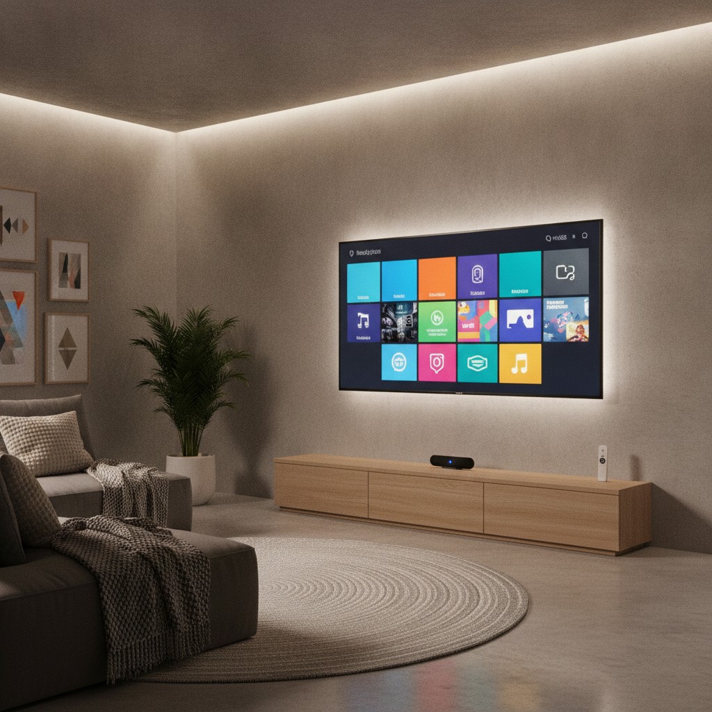 Televisor mostrando apps de streaming con un dispositivo y mando en el mueble