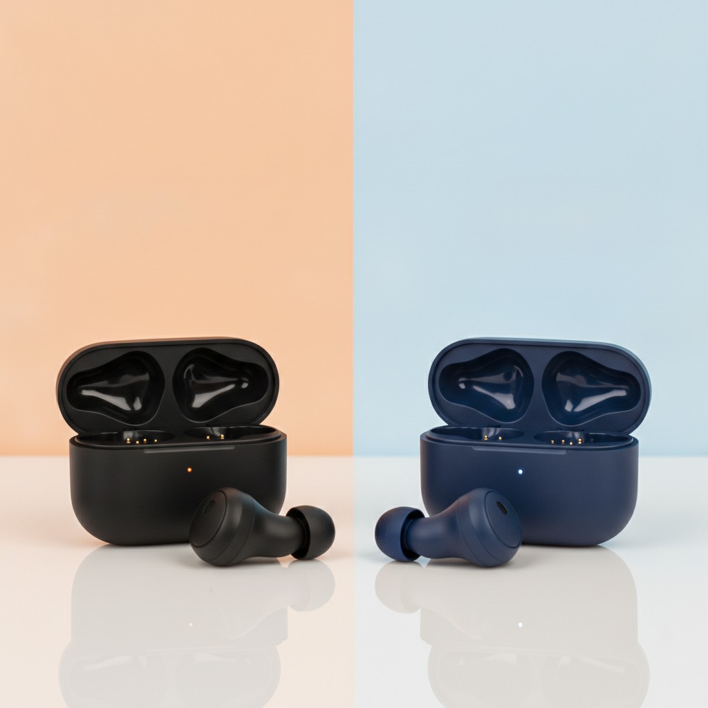 Dos pares de auriculares inalambricos con sus estuches de carga enfrentados sobre una mesa