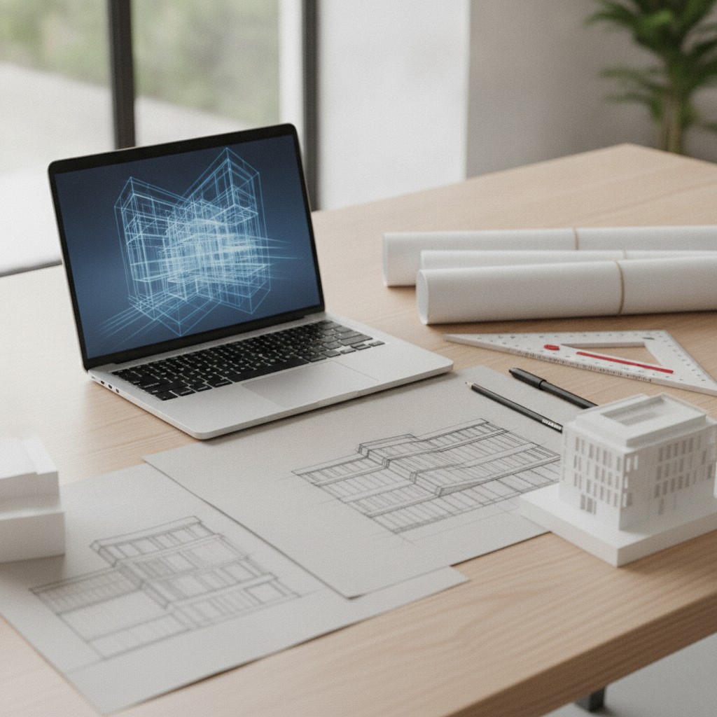 Escritorio de arquitecto con laptop mostrando un modelo 3D, planos y maqueta